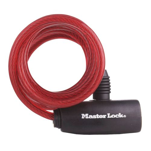 Lucchetto rosso a cavo avvolto Master Lock con manico nero.