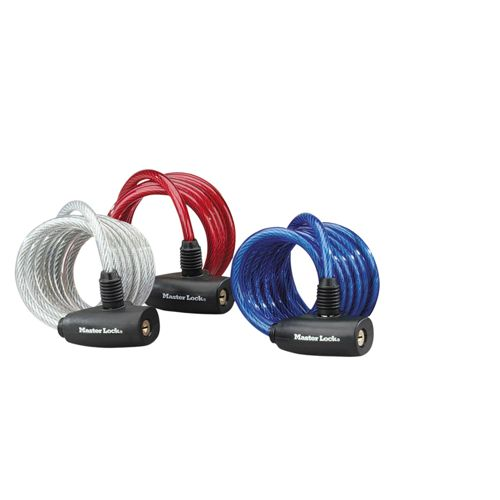 Tre lucchetti a cavo Master Lock rossi, blu e argento.