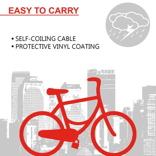 Facile da trasportare: Bicicletta rossa davanti allo skyline della città, icona tempesta.
