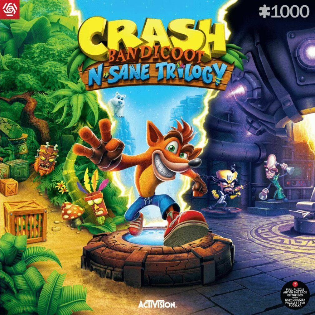 Arte de caja de rompecabezas Crash Bandicoot N. Sane Trilogy. Crash está en el centro, con junglas a la izquierda, laboratorios a la derecha.