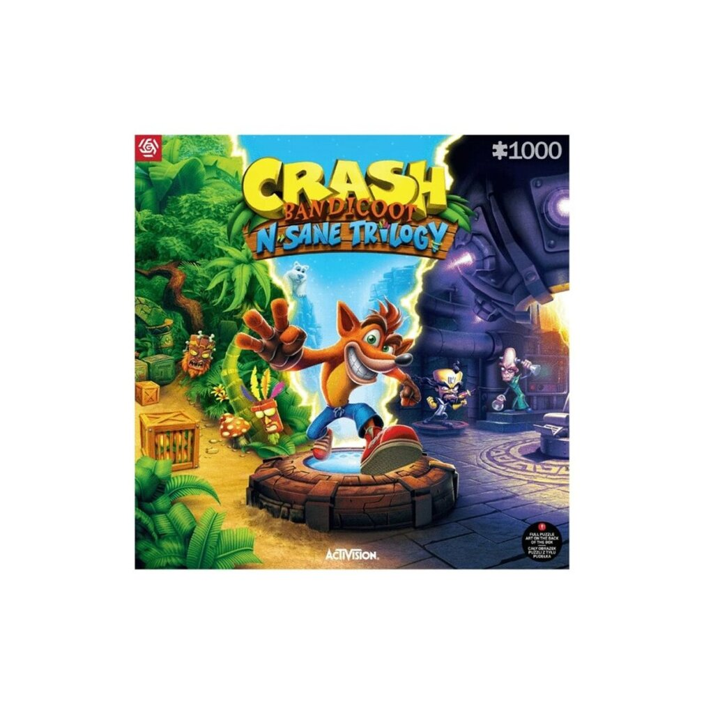 Arte de caja de rompecabezas Crash Bandicoot N. Sane Trilogy. Crash al centro, jungla a la izquierda, estructura oscura a la derecha.