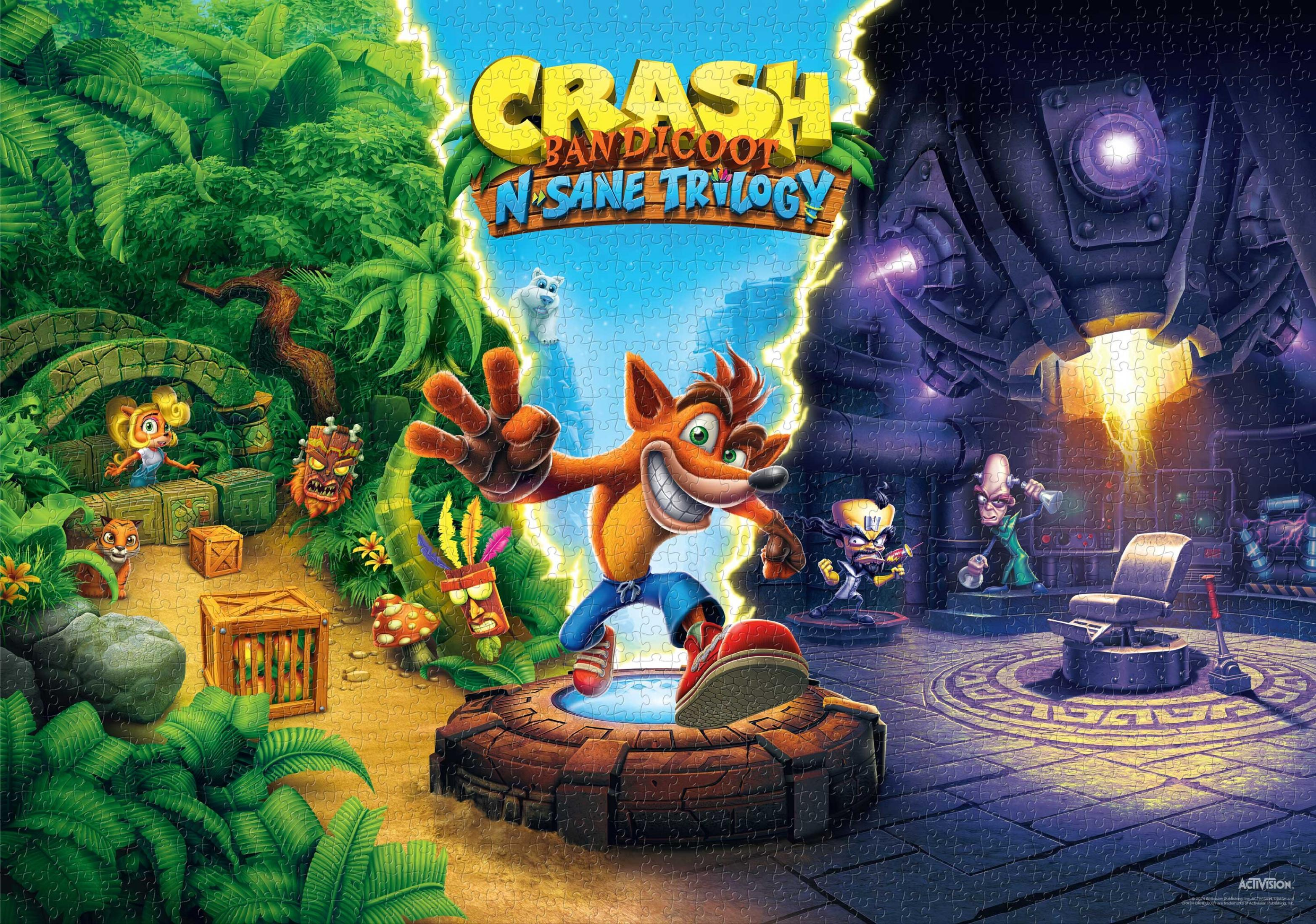 Portada de Crash Bandicoot N. Sane Trilogy con Crash, Coco, Cortex y Dingodile en entornos de jungla y laboratorio.