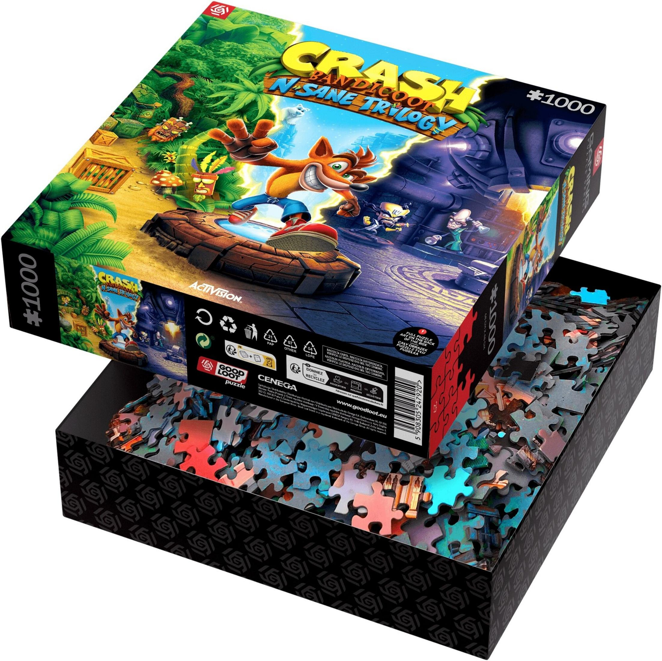 Caja de puzzle Crash Bandicoot N. Sane Trilogy de 1000 piezas con Crash en una balsa, rodeado de jungla.