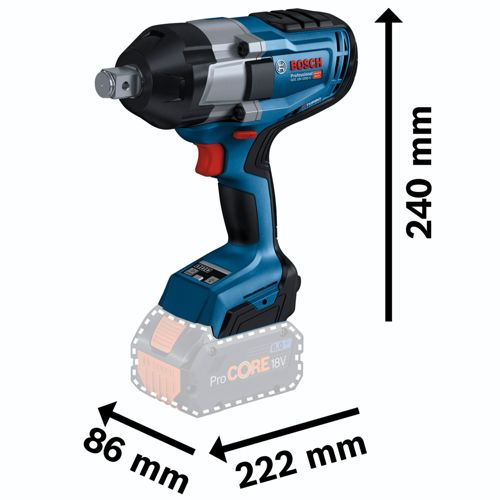 Una llave de impacto Bosch azul con dimensiones: 240 mm Al, 86 mm An, 222 mm La.