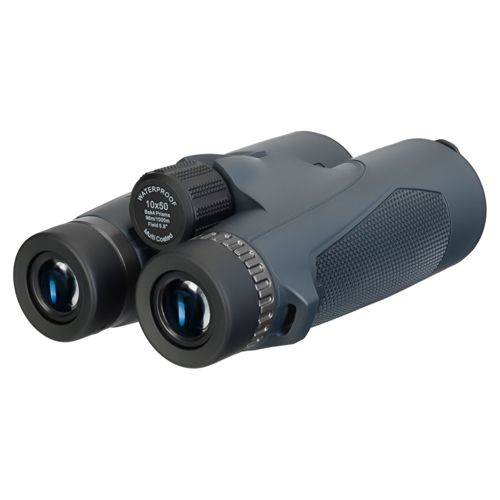 Binocolo grigio impermeabile 10x50, con lenti multitrattate e impugnatura testurizzata.