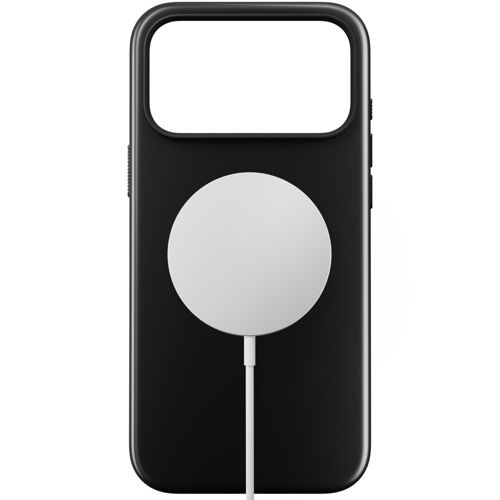 Schwarze Handyhülle mit weißem MagSafe-Ladegerät und Kabel.