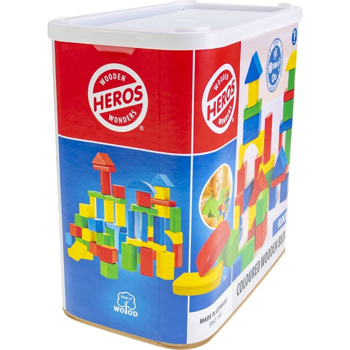 Contenitore con blocchi di legno colorati e un'immagine di un bambino.