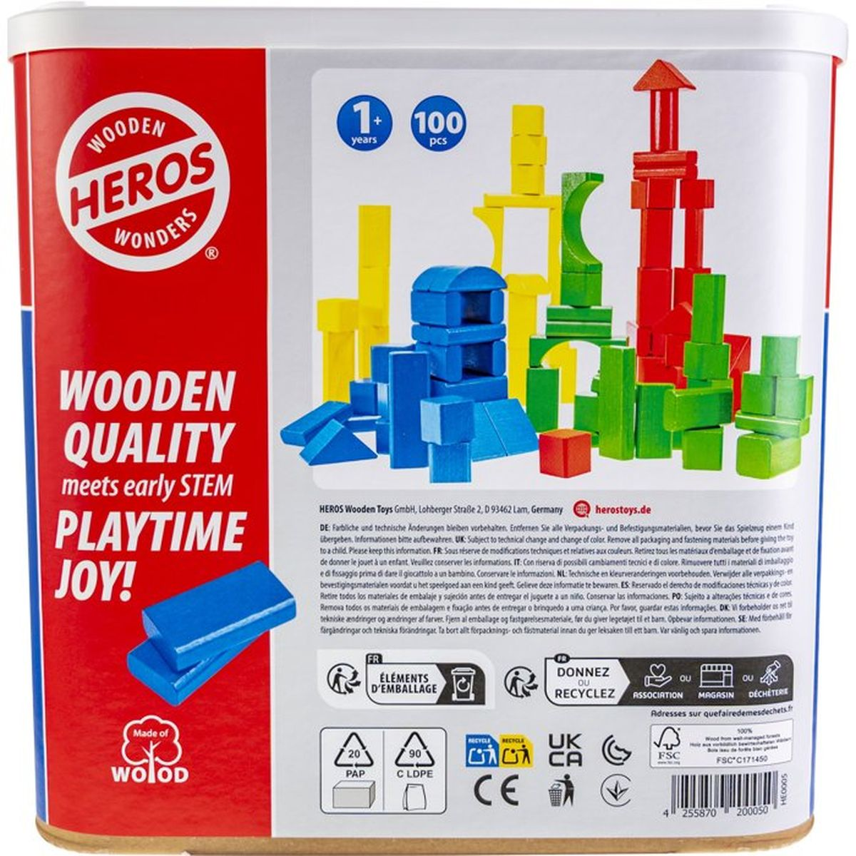 Blocchi di legno colorati rossi, blu, verdi e gialli, per bambini da 1 anno.