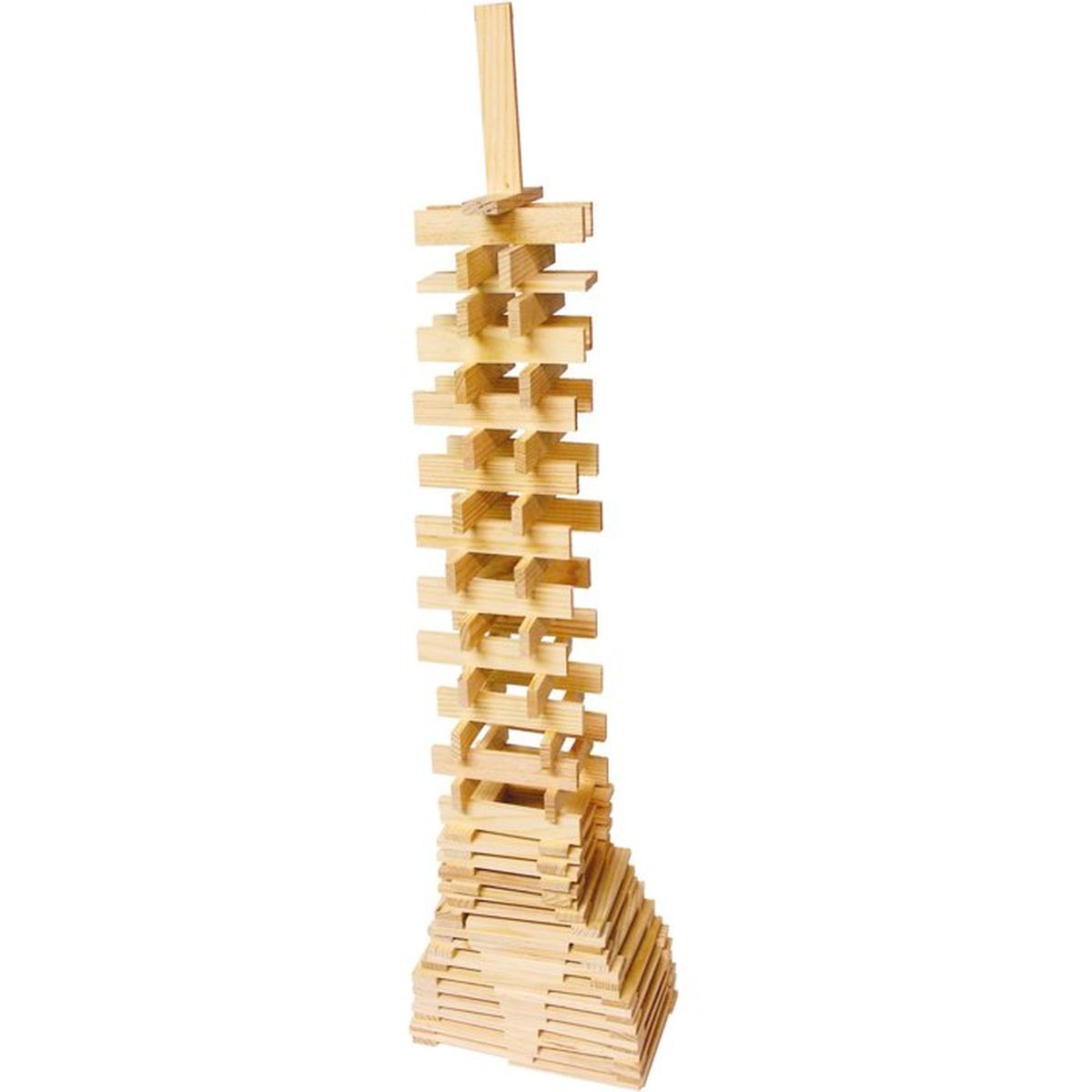 Una torre alta e stretta di blocchi di legno, su una base più larga.