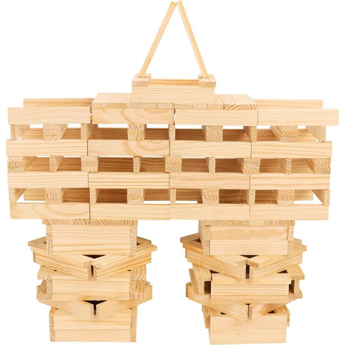 Un'alta torre di blocchi di legno, costruita su due colonne.