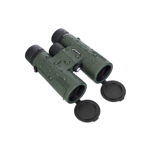 Binocolo verde con gocce d'acqua e copriobiettivi aperti.
