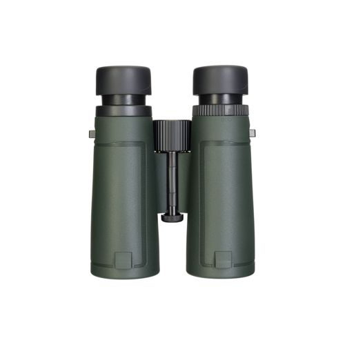 Binocolo verde scuro con tappi neri e rotella di messa a fuoco.