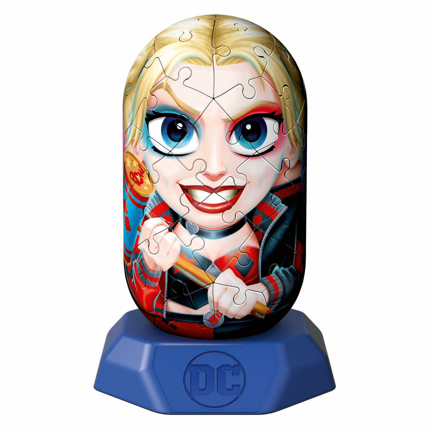 Puzzle 3D di Harley Quinn su supporto blu DC.