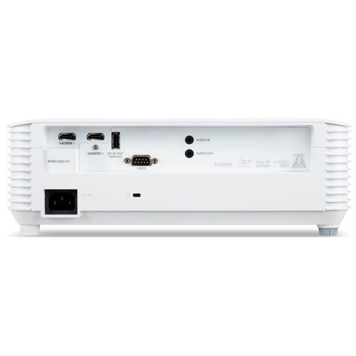 Achterkant van een witte projector met poorten: HDMI, USB, VGA, Audio In/Out.