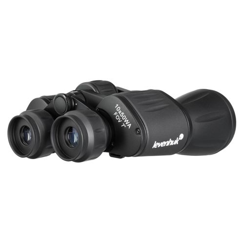 Binocolo nero con 10x50WA FOV 7° e marchio Levenhuk.