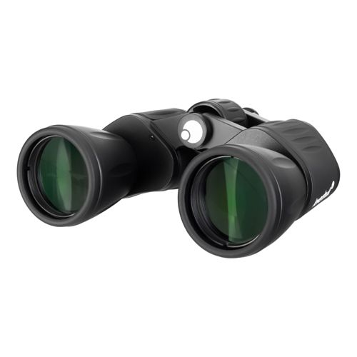 Binocolo nero con lenti verdi e un logo bianco.