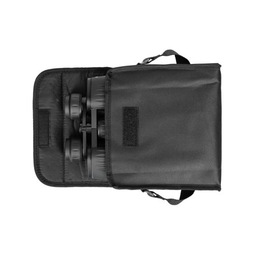 Borsa nera con binocolo parzialmente all'interno.