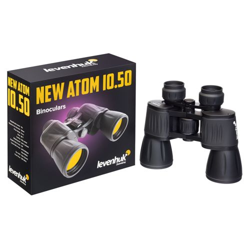 Binocolo nero accanto a una scatola con immagine di binocolo.