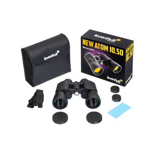 Binocolo Levenhuk Atom 10.50 con custodia, tappi e panno pulizia.