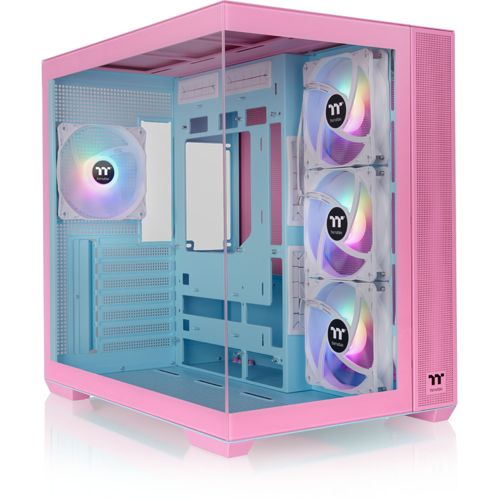 Case PC rosa con interno blu, pannello laterale trasparente e ventole RGB.