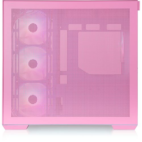 Un case per computer rosa con tre ventole illuminate sul lato sinistro.