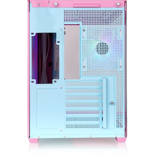 Retro di un case per PC rosa e blu con ventola e cavi.