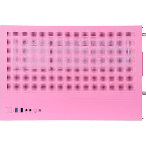 Un case per computer rosa con parte superiore perforata e porte anteriori.