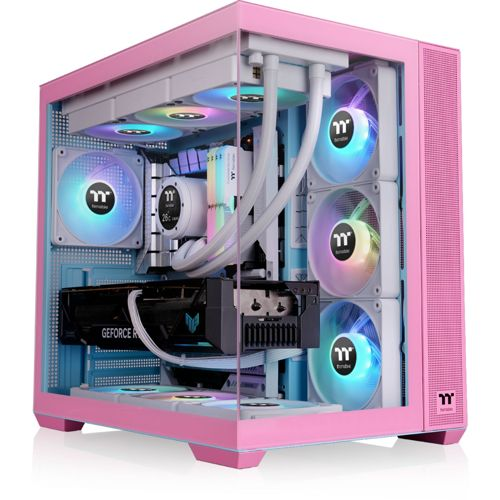 Un case PC rosa con ventole RGB, raffreddamento a liquido e scheda grafica.