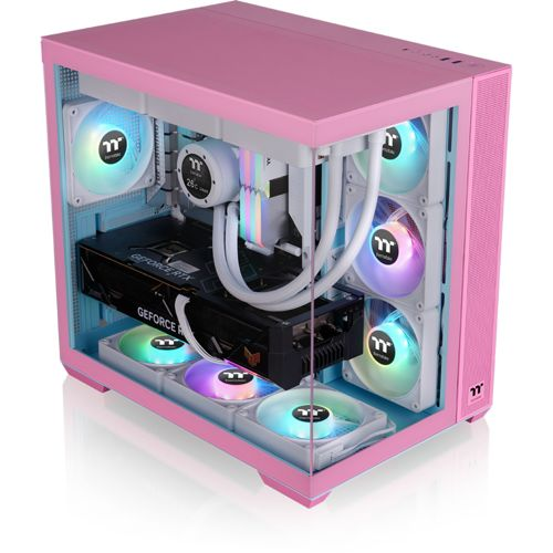 Un case per computer rosa con ventole RGB, scheda grafica e raffreddamento a liquido.