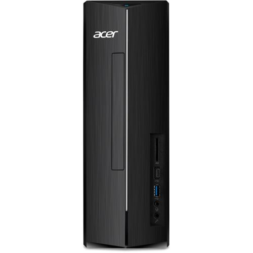 Una elegante torre de escritorio Acer negra con puertos USB y lector de tarjetas.