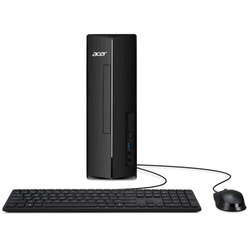 Un PC Acer negro con teclado y ratón sobre fondo blanco.
