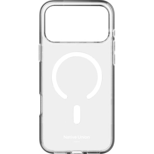 Custodia trasparente per telefono con anello magnetico bianco e logo.