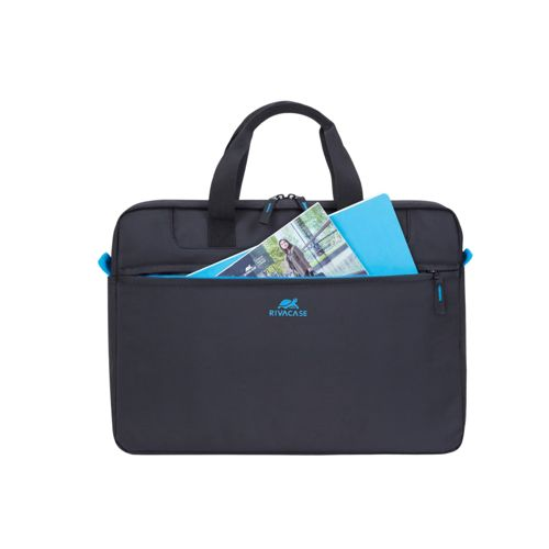 Borsa nera per laptop con accenti blu, rivista e quaderno blu in tasca frontale.