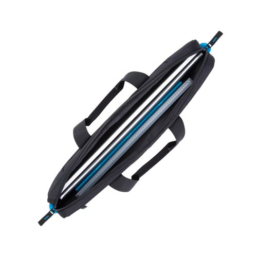 Borsa nera con due manici, contiene oggetti bianchi e blu.