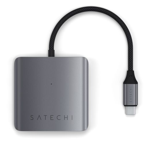 Grauer Satechi USB-C Hub mit schwarzem Kabel und Anschluss.