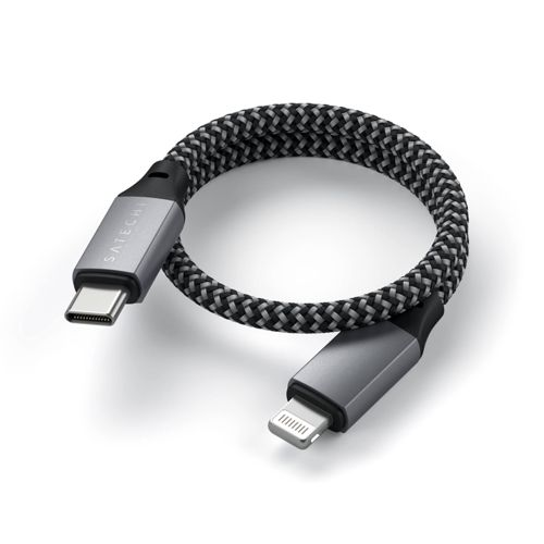Cavo USB-C a Lightning intrecciato nero e grigio, arrotolato.