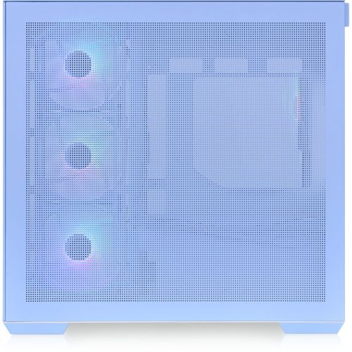 Hellblaue Computergehäuse-Oberseite mit Lüftern und RGB-Beleuchtung.
