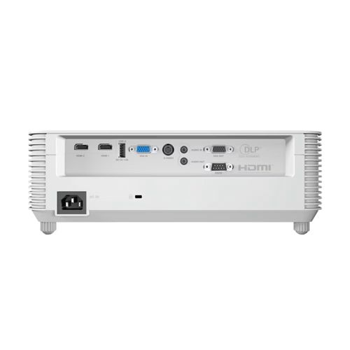 Tył białego projektora z portami takimi jak HDMI, VGA i zasilanie.