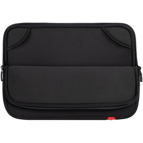 Schwarze Laptoptasche mit Reißverschluss und rotem Akzent unten.