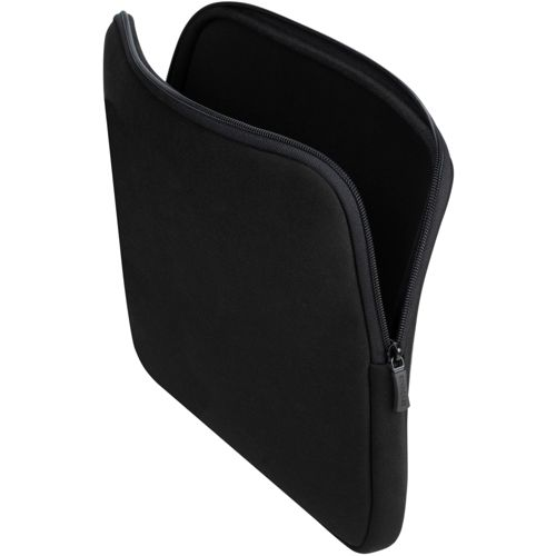 Schwarze Laptop-Tasche mit Reißverschluss, leicht geöffnet, auf weißem Hintergrund.