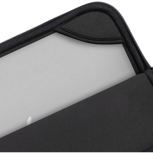 Schwarze Laptoptasche mit teilweise sichtbarem silbernem Laptop.