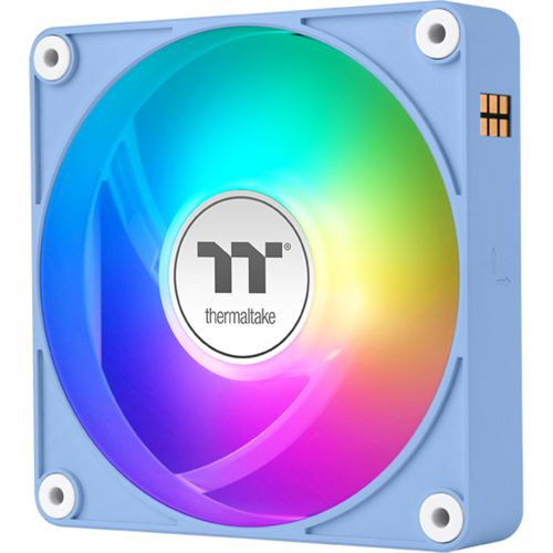 Ein blauer Computerlüfter mit bunten RGB-LEDs und dem Thermaltake-Logo.