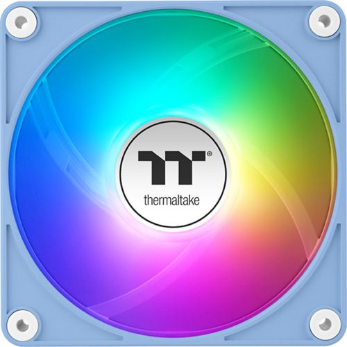 Ein blauer PC-Lüfter mit RGB-Beleuchtung in Regenbogenfarben und einem Thermaltake-Logo.