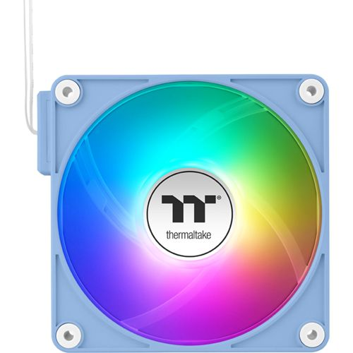 Ein blauer Computerlüfter mit RGB-Beleuchtung und dem Thermaltake-Logo.