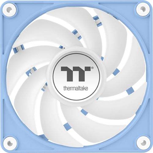 Ein weißer Lüfter mit blauem Rahmen und dem Thermaltake-Logo in der Mitte.