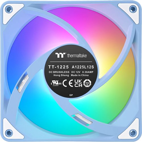 Ein blauer Lüfter mit RGB-Beleuchtung und dem Thermaltake-Logo in der Mitte.