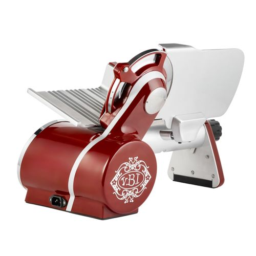Eine rote Hochglanz-Aufschnittmaschine mit Chromdetails und einem V.B.I.-Logo.