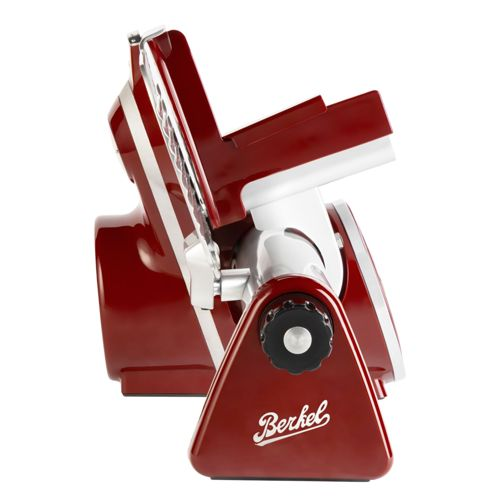 Rote Berkel-Schneidemaschine mit weißem Detail und schwarzem Knopf.