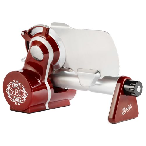Eine rote Aufschnittmaschine mit silbernen Akzenten und einem Berkel-Logo.