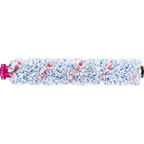 Un rullo spazzola con setole blu, bianche e rosse, su sfondo bianco.